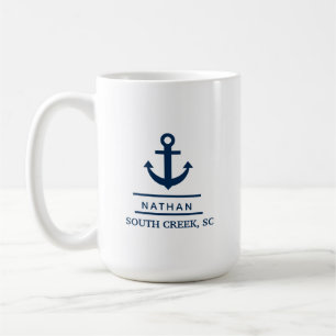 Taza De Café Nautical Navy Blue Personalizado Nombre del barco