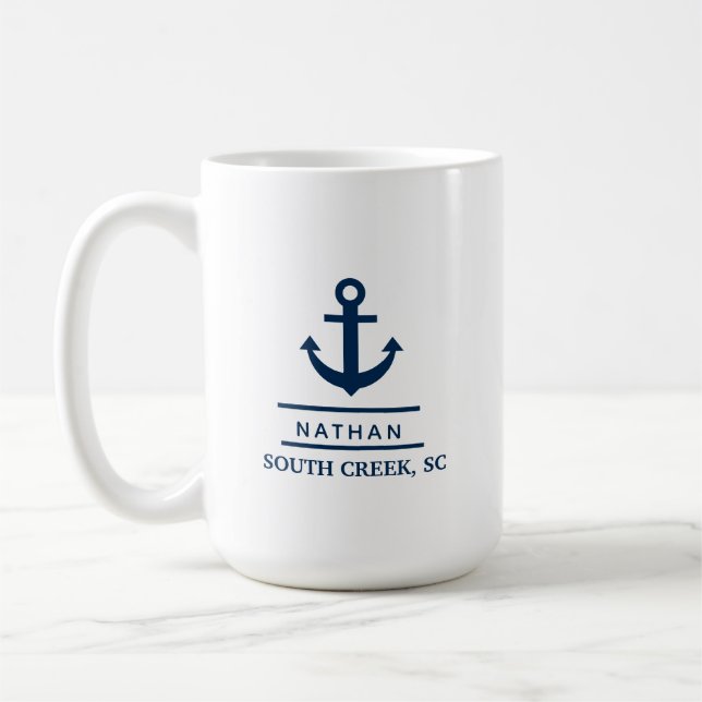 Taza De Café Nautical Navy Blue Personalizado Nombre del barco (Izquierda)