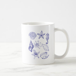Taza De Café Nautical Seashell Mug - Blue Line Art Ocean cup