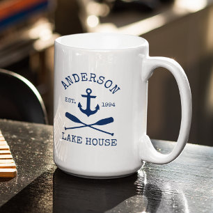 Taza De Café Nautico Ancla Azul Oars Lake House Nombre grande