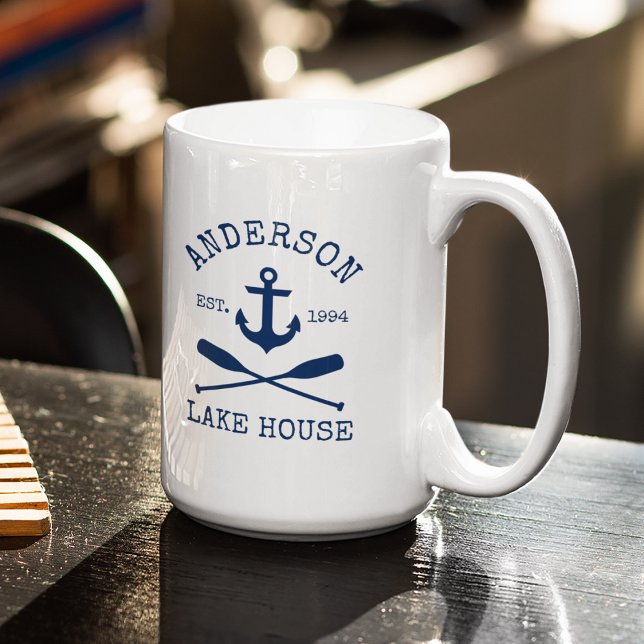 Taza De Café Nautico Ancla Azul Oars Lake House Nombre grande (Customize to change text size or color.)