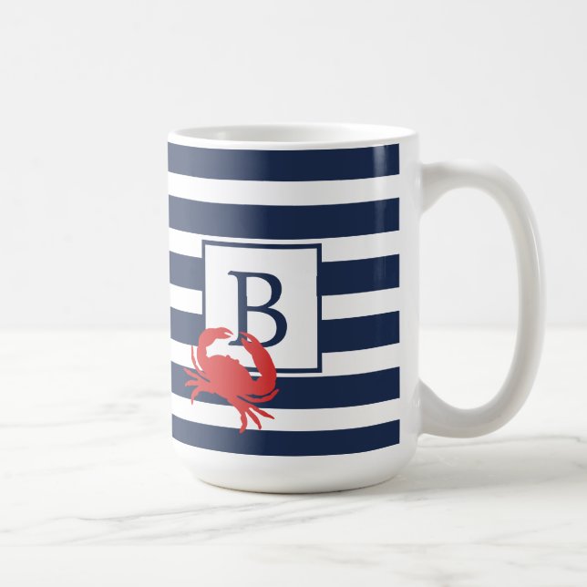 Taza De Café Náutico Azul Marino Rayas Rojo Cangrejo Monograma  (Derecha)