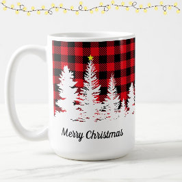 Taza De Café Navidad Alegre Plaid Búfalo Rojo Rústico Bosque