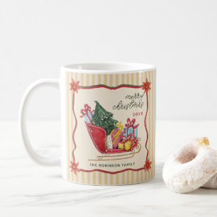 Taza De Café Navidad Alegre Trineo Rayas Vintage 