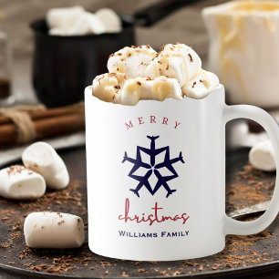 Taza De Café Navidad Avión Copo de Nieve Minimalista Aviación f