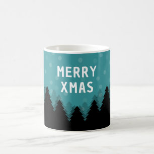 Taza De Café Navidad azul retro alegre con pinos y nieve