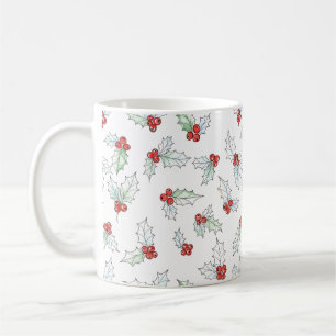 Taza De Café Navidad con Hojas de Acebo y Bayas Rojas en Acuare