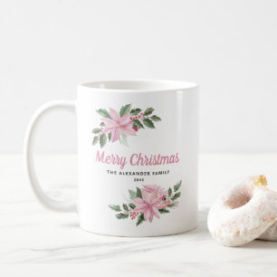Taza De Café Navidad con Poinsettia Rosa y Bayas en Acuarela