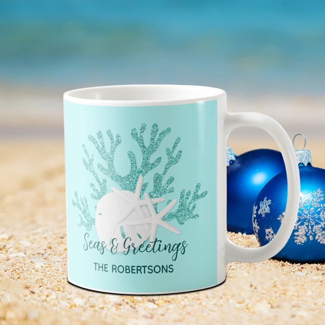 Taza De Café Navidad Costera Playa Mar y Saludos (Subido por el creador)