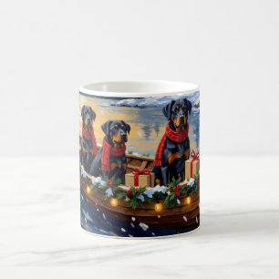 Taza De Café Navidad de Rottweiler en Barco Fiesta