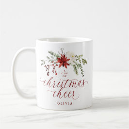 Taza De Café Navidad elegante con flores en acuarela y vegetaci