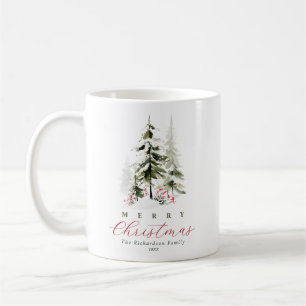 Taza De Café Navidad Elegante Pinos Acuarela
