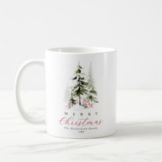 Taza De Café Navidad Elegante Pinos Acuarela