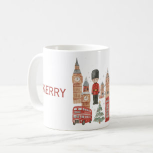 Taza De Café Navidad en acuarela en el autobús rojo de Londres,