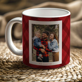 Taza De Café Navidad Foto Monograma Rústico Cuadro Escocés Rojo
