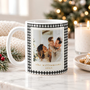 Taza De Café Navidad Foto Personalizada Cuadro de Gingham Negro