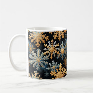 Taza De Café Navidad Magia Copos de Nieve Negro Oro Azul