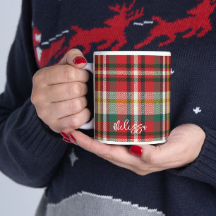 Taza De Café Navidad Personalizada Plaid Rojo Verde Rústica