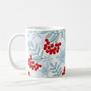 Taza De Café Navidad, Serbal, rojo, blanco, copos de nieve