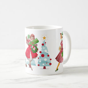Taza De Café Navidad Vintage 1950 Damas Rojo Verde Blanco