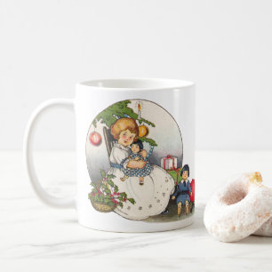 Taza De Café Navidad vintage, feliz Chica jugando con muñecas