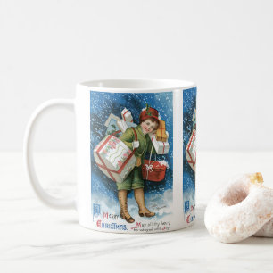 Taza De Café Navidad Vintage, Niña con Regalos en Nieve Inverna