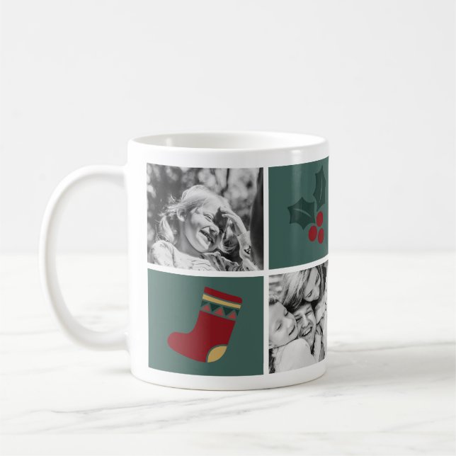 Taza De Café Navidades 4 fotos Personalizados Mistletoe Green (Izquierda)