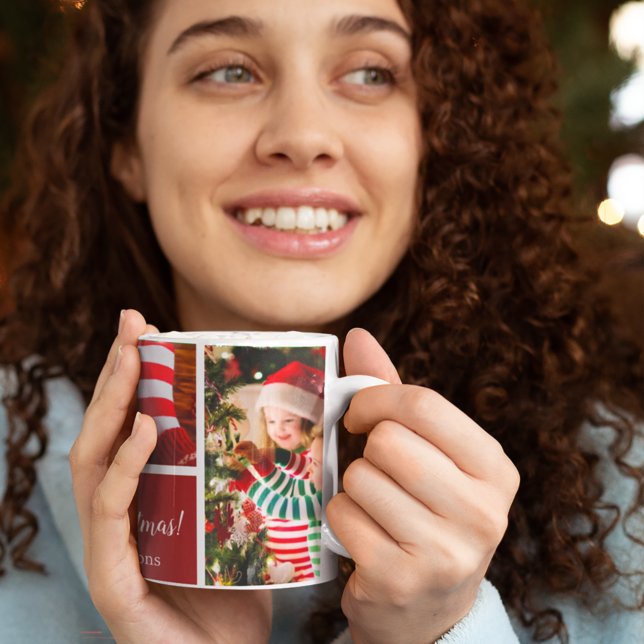 Taza De Café Navidades 5 Collage de fotos con apellido, rojo (Subido por el creador)