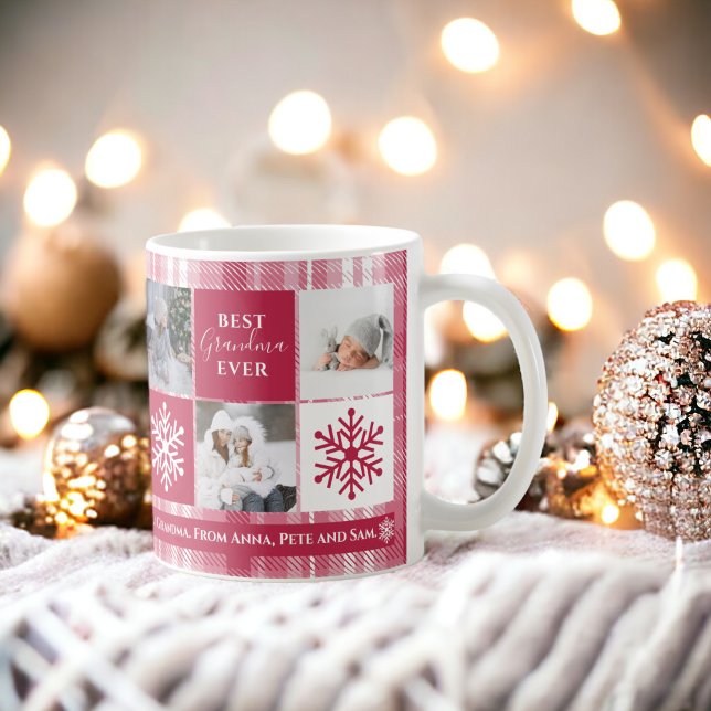 Taza De Café Navidades 5 fotos cuadrícula mejor abuela magenta  (Christmas 5 photos grid best grandma magenta plaid coffee mug)