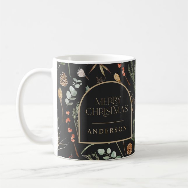 Taza De Café Navidades acuarela floral botánica negro moderno (Izquierda)