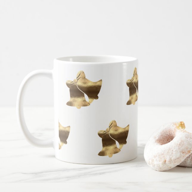 Taza De Café Navidades Bells Oro y Patrón Blanco Elegante Mug (Con donut)