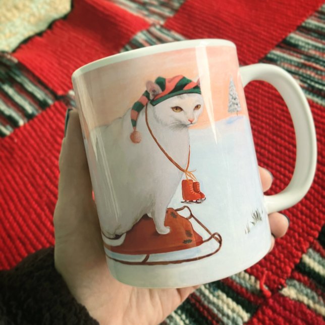Taza De Café Navidades blancos festejan gato en nieve (Subido por el creador)