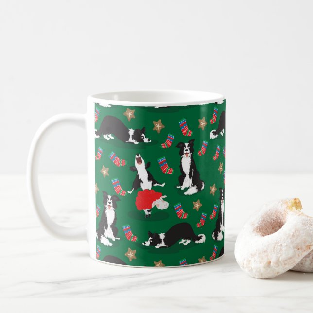 Taza De Café Navidades borde verde de Collie (Con donut)