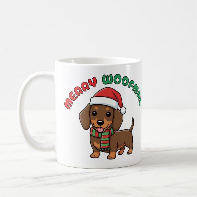 Taza De Café Navidades Brown Dachshund Mug: Merry Woofmas (Izquierda)