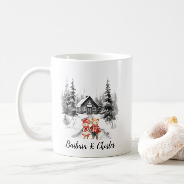 Taza De Café Navidades Cabin Woods Pareja recién casada Minimal (Con donut)
