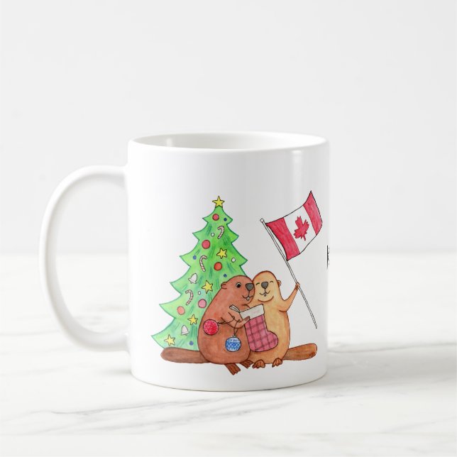Taza De Café Navidades canadienses entregan Beaver Nombre perso (Izquierda)