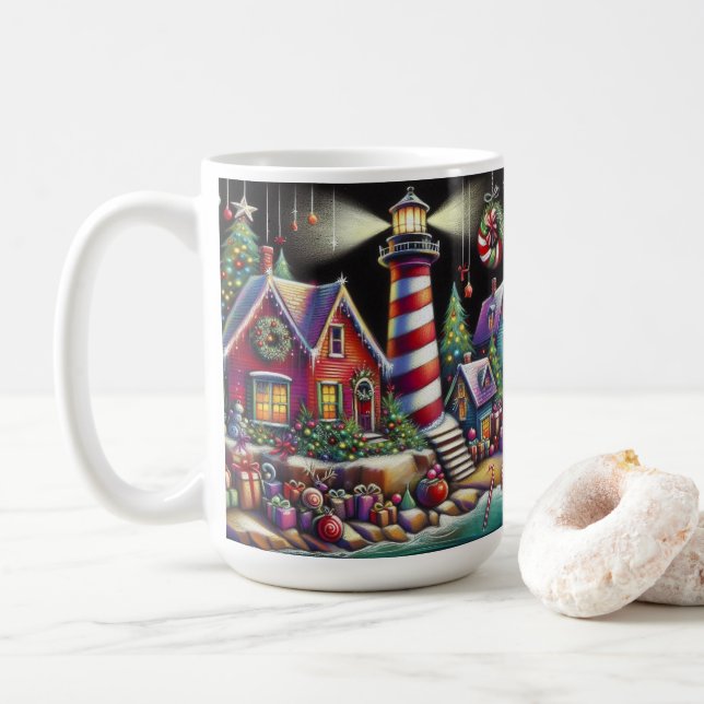 Taza De Café Navidades caprichosos faro morado rosado rojo (Con donut)