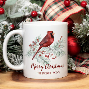 Taza De Café Navidades Cardenal Rojo Pino de Invierno Acuarela