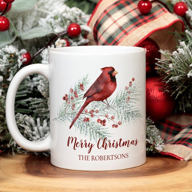 Taza De Café Navidades Cardenal Rojo Pino de Invierno Acuarela (Subido por el creador)