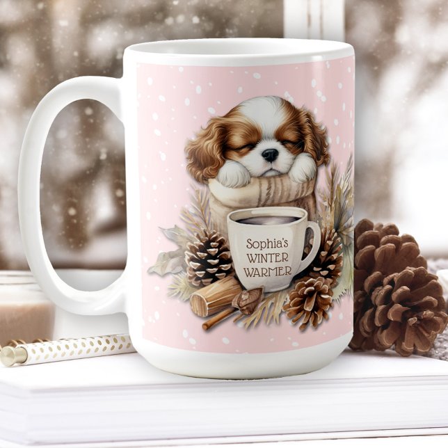 Taza De Café Navidades Cavalier rosa de invierno King Charles L (Christmas Winter Pink Cavalier King Charles Large Coffee Mug)