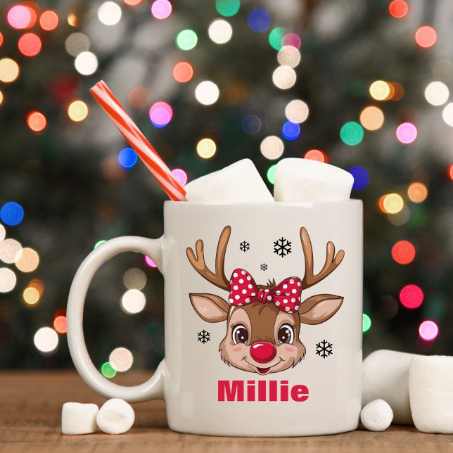 Taza De Café Navidades Chica de renos Red Polka Dot Bow (Christmas Reindeer Girl Red Polka Dot Bow Coffee Mug
)