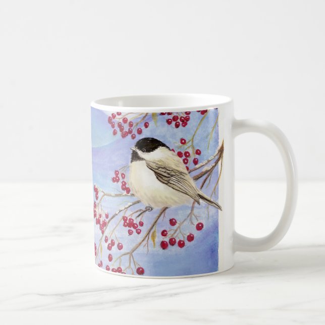 Taza De Café Navidades Chickadee Cute Bird Red Berries (Derecha)