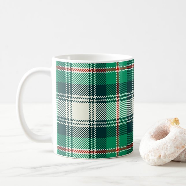 Taza De Café Navidades clásicos Holiday Green Tartan Plaid (Con donut)