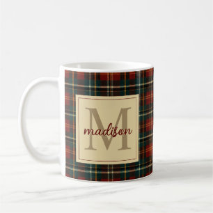 Taza De Café Navidades clásicos Red Tartan Plaid Monograma Nomb