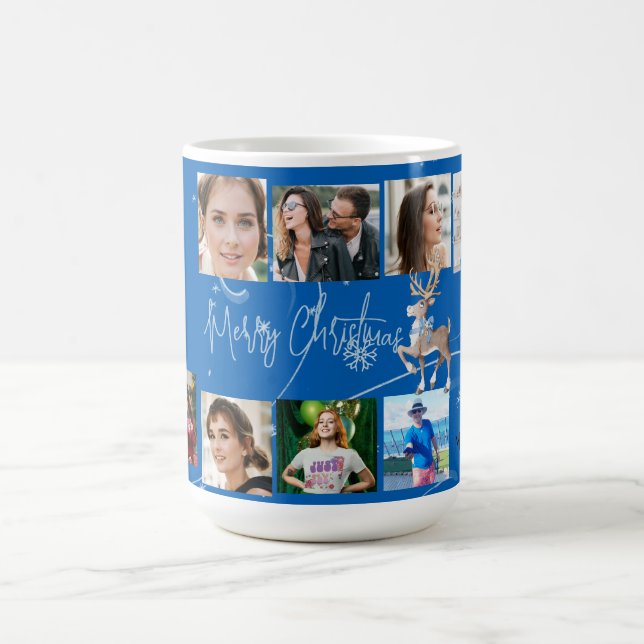 Taza De Café Navidades Collage de fotos de familia Deer azul (Centro)