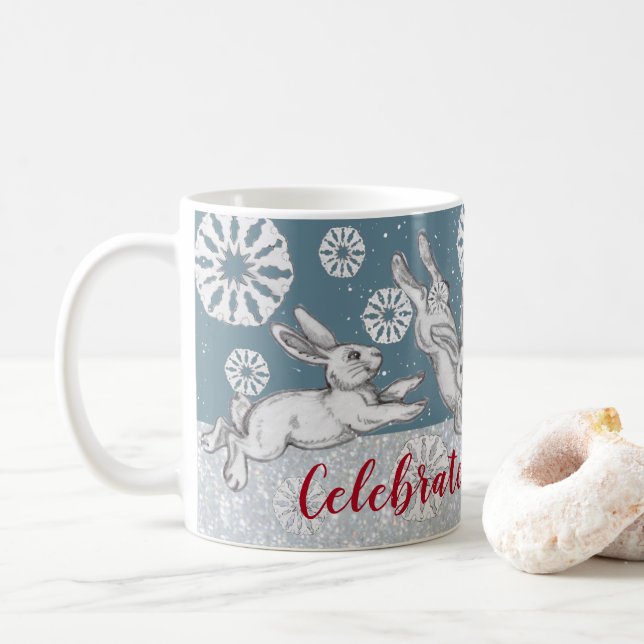 Taza De Café Navidades Conejos Conejos Conejo y Purpurinas Azul (Con donut)