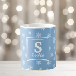 Taza De Café Navidades copos de nieve blancos Monograma azul be