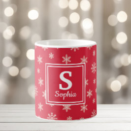 Taza De Café Navidades copos de nieve blancos Monograma rojo