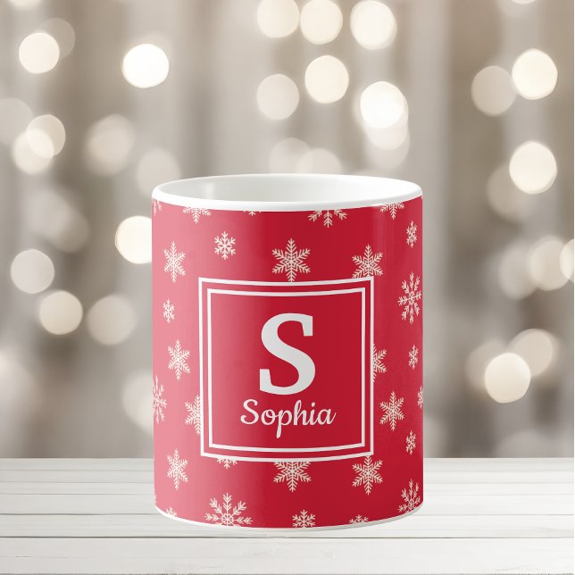 Taza De Café Navidades copos de nieve blancos Monograma rojo (Subido por el creador)
