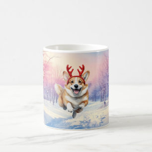 Taza De Café Navidades Corgi Reindeer bocina paisaje nevado